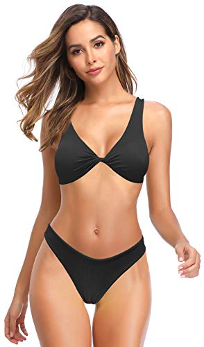 SHEKINI Mujer Traje de Bikini de Brasil Traje de baño de Dos Piezas Chaleco de baño Deportivo Pantalones Cortos de Bikini en Forma de V Ropa de Playa de Tiro bajo (S, Negro)