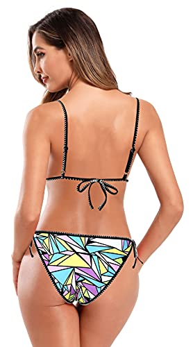 SHEKINI Mujer Trajes de baño Dos Piezas Impresión Halter Ajustable Triángulo Bikini Top Bikini Set de Dos Piezas Cintura Baja Ties up Parte Inferior del Bikini (Geometría, XL)