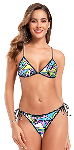 SHEKINI Mujer Trajes de baño Dos Piezas Impresión Halter Ajustable Triángulo Bikini Top Bikini Set de Dos Piezas Cintura Baja Ties up Parte Inferior del Bikini (Geometría, XL)