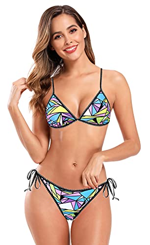 SHEKINI Mujer Trajes de baño Dos Piezas Impresión Halter Ajustable Triángulo Bikini Top Bikini Set de Dos Piezas Cintura Baja Ties up Parte Inferior del Bikini (Geometría, XL)