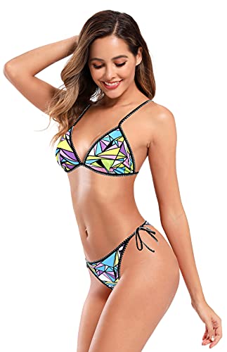 SHEKINI Mujer Trajes de baño Dos Piezas Impresión Halter Ajustable Triángulo Bikini Top Bikini Set de Dos Piezas Cintura Baja Ties up Parte Inferior del Bikini (Geometría, XL)