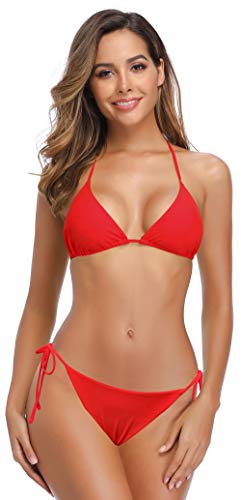 SHEKINI Traje de Baño de Dos Piezas Mujer Acolchada Clásico Ajustable Halter Triángulo Bikini Top Bikini Tanga Brasileño Cintura Baja Bikini Bottom Bikini de La Playa （M, Rojo Grande）