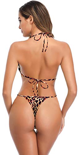 SHEKINI Traje de Baño de Dos Piezas Mujer Acolchada Clásico Ajustable Halter Triángulo Bikini Top Bikini Tanga Brasileño Cintura Baja Bikini Bottom Bikini de La Playa (M, Leopardo-2)