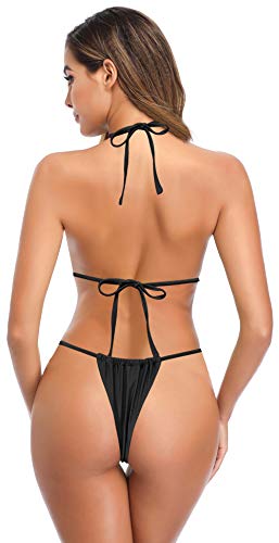 SHEKINI Traje de Baño de Dos Piezas Mujer Clásico Halter Sexy Triángulo Bikini Top Bikini de Dos Piezas Tanga Brasileño Cintura Baja Bikini Bottom Bikini de La Playa (Negro, M)