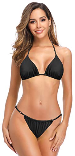 SHEKINI Traje de Baño de Dos Piezas Mujer Clásico Halter Sexy Triángulo Bikini Top Bikini de Dos Piezas Tanga Brasileño Cintura Baja Bikini Bottom Bikini de La Playa (Negro, M)