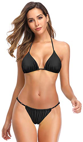 SHEKINI Traje de Baño de Dos Piezas Mujer Clásico Halter Sexy Triángulo Bikini Top Bikini de Dos Piezas Tanga Brasileño Cintura Baja Bikini Bottom Bikini de La Playa (Negro, M)