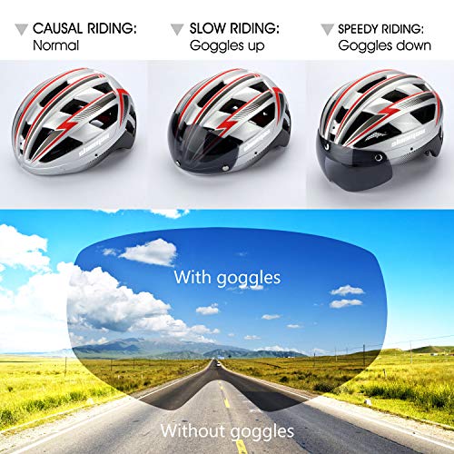 Shinmax Casco Bicicleta Carretera Casco Seguridad CE Stándar/Casco de Escalada Ajustable con USB Luz de Seguridad y Visera extraíble y Gafas de Montaña Magnéticas para Hombres y Mujeres Adultos