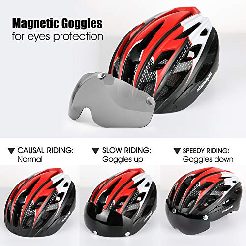 Shinmax Casco Bicicleta con luz, Certificación CE,con Visera Magnética Seguridad Ajustable Desmontable Deporte Gafas de Protección Ligera para Montar Ski & Snowboard Unisex Cascos Bici Adultos