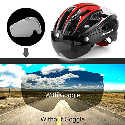 Shinmax Casco Bicicleta con luz, Certificación CE,con Visera Magnética Seguridad Ajustable Desmontable Deporte Gafas de Protección Ligera para Montar Ski & Snowboard Unisex Cascos Bici Adultos