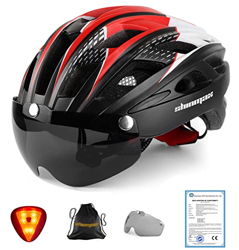 Shinmax Casco Bicicleta con luz, Certificación CE,con Visera Magnética Seguridad Ajustable Desmontable Deporte Gafas de Protección Ligera para Montar Ski & Snowboard Unisex Cascos Bici Adultos