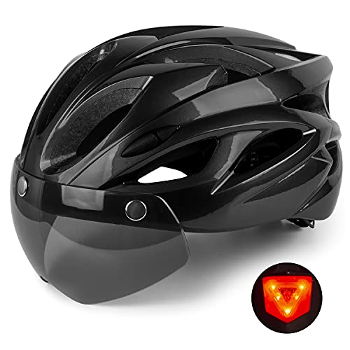 Shinmax Casco Bicicleta con luz, Certificación CE,con Visera Magnética Seguridad Ajustable Desmontable Deporte Gafas de Protección Ligera para Montar Ski & Snowboard Unisex Cascos Bici Adultos 56-62cm