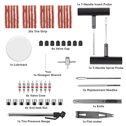 SHYOSUCCE 62pcs Kit de Reparación de Neumáticos con Manómetro Presión y Guantes, Kit Repara Pinchazos para Autos, Bicicletas, Motos, Tractores, Camiones