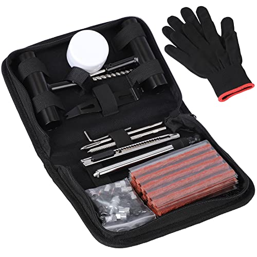 SHYOSUCCE 62pcs Kit de Reparación de Neumáticos con Manómetro Presión y Guantes, Kit Repara Pinchazos para Autos, Bicicletas, Motos, Tractores, Camiones