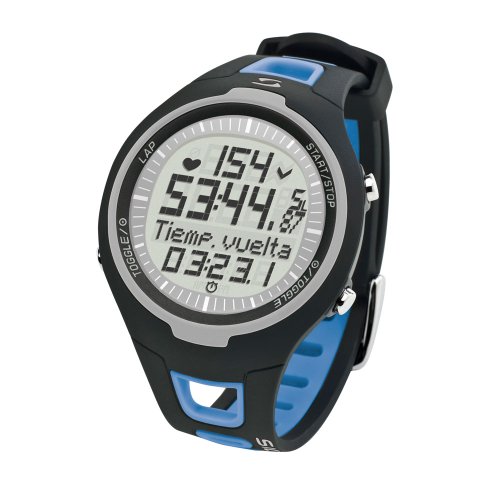 Sigma PC 15.11 - Pulsómetro analógico unisex (contador de caloriás, contador de 50 vueltas, frecuencia cardiáca), Azul/Negro, Talla única