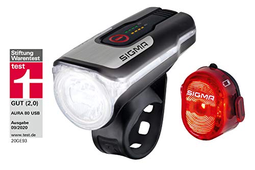 SIGMA SPORT - Set de faros de bicicleta LED Aura 80 y NUGGET II | Faro delantero y faro trasero con batería que cumplen la normativa alemana de tráfico