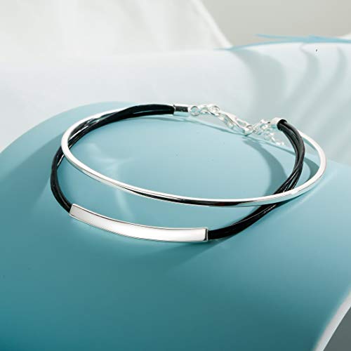 SILVERAGE Pulseras Plata de Ley 925 Brazalete Ajustable Cuerda Negro Doble Cuero Sintético
