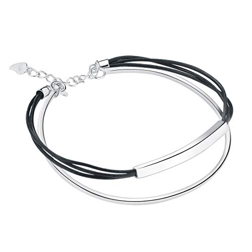 SILVERAGE Pulseras Plata de Ley 925 Brazalete Ajustable Cuerda Negro Doble Cuero Sintético