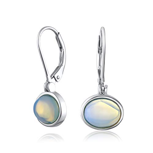 Simple simple iridiscente blanco arco iris moonstone ovalada bezel set leverback drop pendientes para mujeres adolescentes 925 plata de ley 7MM