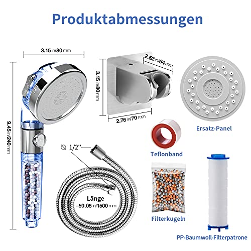 SINGSUO Ducha con filtro, 3 modos, filtro ecológico, piedras minerales, filtro de algodón de polipropileno, piedras filtrantes adicionales, plato de repuesto (con manguera y soporte, azul)