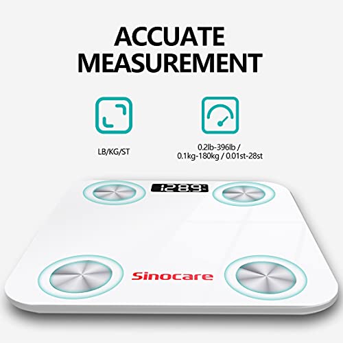 Sinocare Báscula Grasa Corporal Báscula de Baño Wireless Analizar Más de 13 Funciones, Monitores de Composición corporal, Alta Precisión (ST/KG/LB) 180kg/400lbs para Andriod y iOS