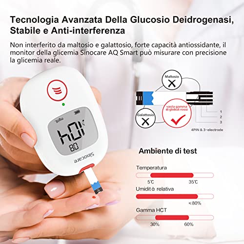 Sinocare Medidor de Glucosa en Sangre, Kit de Prueba de Glucosa en Sangre, 50 x Tiras de Prueba de Glucosa en Sangre y Dispositivo de Punción - mg/dL (Safe AQ Voice)