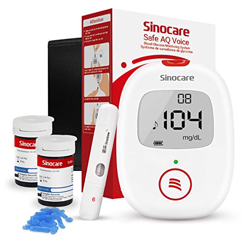 Sinocare Medidor de Glucosa en Sangre, Kit de Prueba de Glucosa en Sangre, 50 x Tiras de Prueba de Glucosa en Sangre y Dispositivo de Punción - mg/dL (Safe AQ Voice)