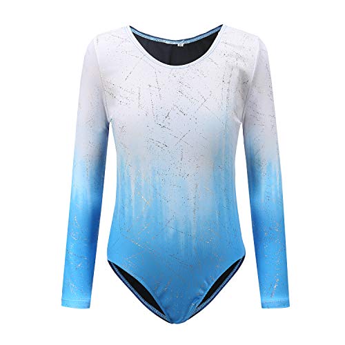 Sinoeem Leotardos de Gimnasia Rítmica para Niños Maillot de Ballet con Gradiente Flash Cuello Redondo Manga Larga/Manga Corta para Niñas de 3-12 Años (Azul - Manga Larga, Tag 12A(11-12 Years))