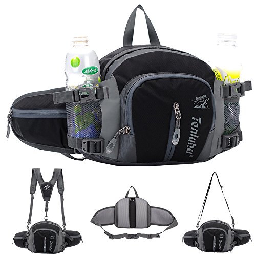 SINOKAL Bolso de Cintura Multifuncional con Estilo Militar de Lona Resistente al Agua, Riñonera para Correr, Caminar, Ciclismo, Escalar, Acampar y para Viajes (Negro)