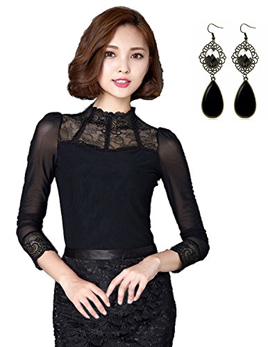 sitengle Mujeres Elegante Camisetas de Encaje Floral Mangas Largas See Through T Shirt Camisas Basic Blusa Tops Negro Large