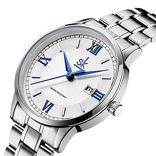 SK Relojes lassic Business para Mujer con Correa de Acero Inoxidable y Elegante Reloj con Calendario para Mujer(Roman Number-Silver Steel Band)