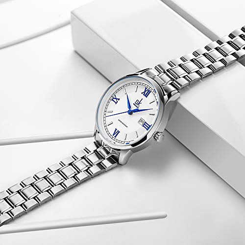 SK Relojes lassic Business para Mujer con Correa de Acero Inoxidable y Elegante Reloj con Calendario para Mujer(Roman Number-Silver Steel Band)