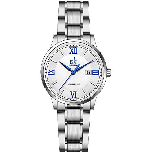 SK Relojes lassic Business para Mujer con Correa de Acero Inoxidable y Elegante Reloj con Calendario para Mujer(Roman Number-Silver Steel Band)