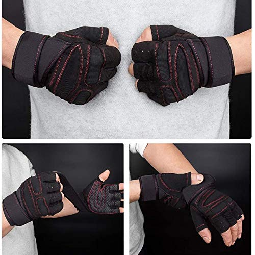 SKILEC Guantes Gimnasio Hombre y Mujer - Guantes Gym para Levantamiento de Pesas, Crossfit, Barra Dominadas, Guantes Ciclismo Guantes Fitness con Muñequera Transpirable Antideslizante (Negro Rojo, L)