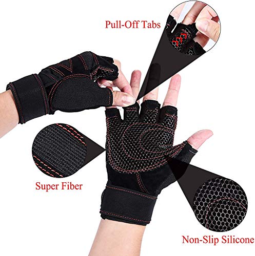 SKILEC Guantes Gimnasio Hombre y Mujer - Guantes Gym para Levantamiento de Pesas, Crossfit, Barra Dominadas, Guantes Ciclismo Guantes Fitness con Muñequera Transpirable Antideslizante (Negro Rojo, L)