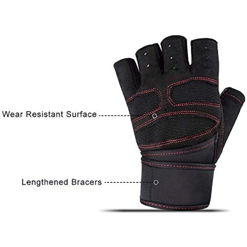 SKILEC Guantes Gimnasio Hombre y Mujer - Guantes Gym para Levantamiento de Pesas, Crossfit, Barra Dominadas, Guantes Ciclismo Guantes Fitness con Muñequera Transpirable Antideslizante (Negro Rojo, L)