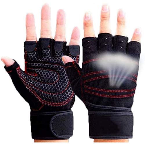 SKILEC Guantes Gimnasio Hombre y Mujer - Guantes Gym para Levantamiento de Pesas, Crossfit, Barra Dominadas, Guantes Ciclismo Guantes Fitness con Muñequera Transpirable Antideslizante (Negro Rojo, L)