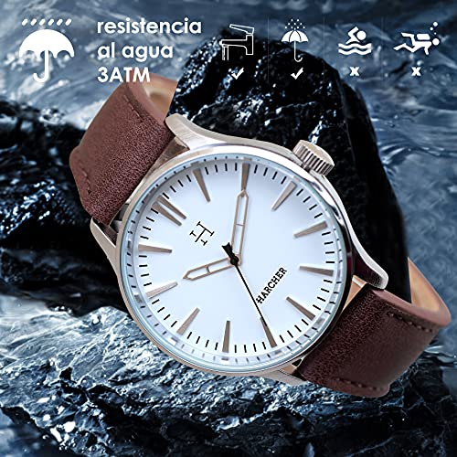 SKYLINE Caja de Reloj Hombre, Conjunto de Reloj Negro, Pulsera, Caja de Acero Inoxidable, Caja de Regalo Rígida, Regalo Ideal, Reloj Marrón-Blanco