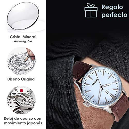 SKYLINE Caja de Reloj Hombre, Conjunto de Reloj Negro, Pulsera, Caja de Acero Inoxidable, Caja de Regalo Rígida, Regalo Ideal, Reloj Marrón-Blanco