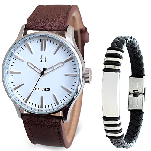 SKYLINE Caja de Reloj Hombre, Conjunto de Reloj Negro, Pulsera, Caja de Acero Inoxidable, Caja de Regalo Rígida, Regalo Ideal, Reloj Marrón-Blanco