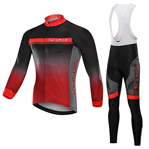 SKYSPER Ciclismo Maillot Hombres Jersey + Pantalones Largos Culote Mangas Largas de Ciclismo Conjunto de Ropa Maillot Entretiempo para Deportes al Aire Libre Ciclo Bicicleta