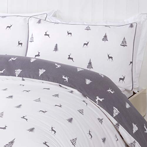 Sleepdown Stag & Trees-Juego edredón y Fundas de Almohada (100% algodón Cepillado), diseño de Ciervos y árboles, Color Gris y Blanco, Matrimonio