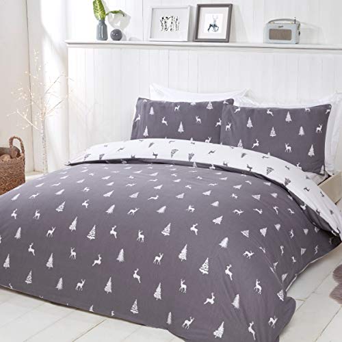 Sleepdown Stag & Trees-Juego edredón y Fundas de Almohada (100% algodón Cepillado), diseño de Ciervos y árboles, Color Gris y Blanco, Matrimonio