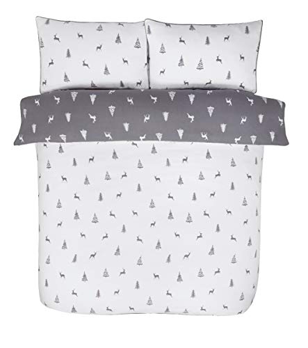 Sleepdown Stag & Trees-Juego edredón y Fundas de Almohada (100% algodón Cepillado), diseño de Ciervos y árboles, Color Gris y Blanco, Matrimonio