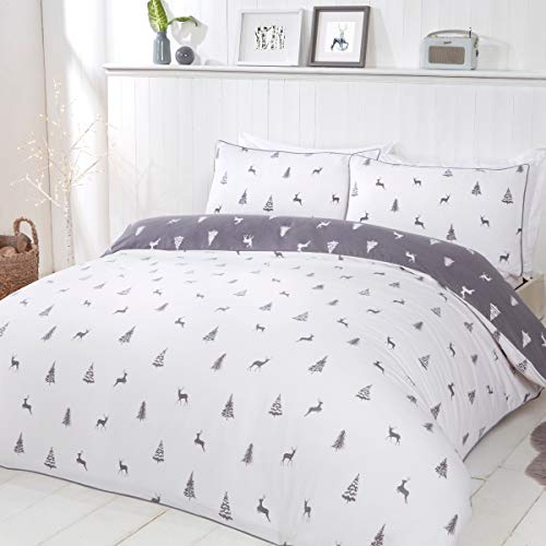 Sleepdown Stag & Trees-Juego edredón y Fundas de Almohada (100% algodón Cepillado), diseño de Ciervos y árboles, Color Gris y Blanco, Matrimonio