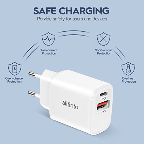 slitinto Cargador USB C, 20W Cargador USB Rapida Pared, 2 en 1 QC 3.0 Cargador Tipo C Carga Rápida Power Delivery 3.0 y USB QC 3.0 para i phone13/12/11/Pro/Max, Samsung S21/S20/S10, Huawei P30/P20