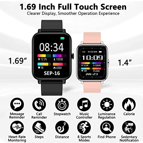 Smartwatch, 1.69" Reloj Inteligente Hombre Mujer Impermeable IP67 Pulsera Actividad Reloj Deportivo con Pulsómetro Monitor de Sueño Monitores Actividad Cronómetros Calorías Podómetro para Android iOS