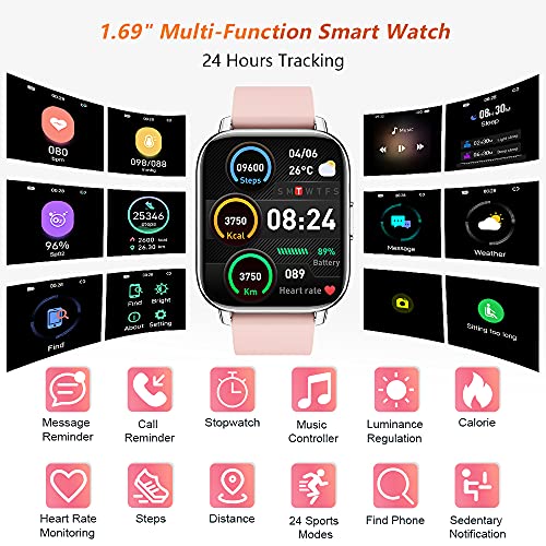 Smartwatch, 1.69” Reloj Inteligente Mujer con Pulsómetro, Calorías, Monitor de Sueño, Podómetro Pulsera Actividad Inteligente 24 Modos Deporte, Impermeable IP67 Fitness Reloj Digital para Android iOS