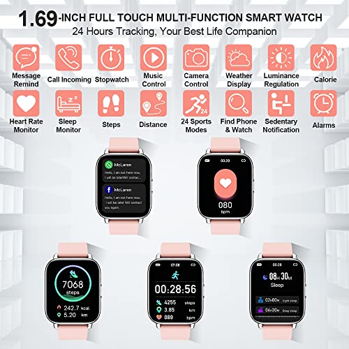 Smartwatch, 1.69" Reloj Inteligente Mujer con Pulsómetro Monitor de Sueño, Pulsera Actividad Inteligente Impermeable IP68 Podómetro Calorías 24 Modos Deporte Reloj Deportivo Muje para iOS Android Rosa