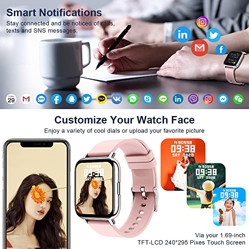 Smartwatch, 1.69" Reloj Inteligente Mujer con Pulsómetro Monitor de Sueño, Pulsera Actividad Inteligente Impermeable IP68 Podómetro Calorías 24 Modos Deporte Reloj Deportivo Muje para iOS Android Rosa