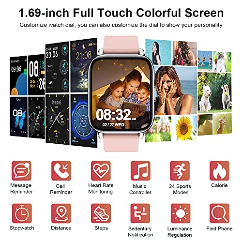 Smartwatch, 1.69'' Reloj Inteligente Mujer Pulsera Actividad Inteligente con Pulsómetro/Monitor de Sueño/Podómetro/Cronómetro, 24 Modos Deporte, Impermeable IP68 Reloj Deportivo para Android iOS Rosa